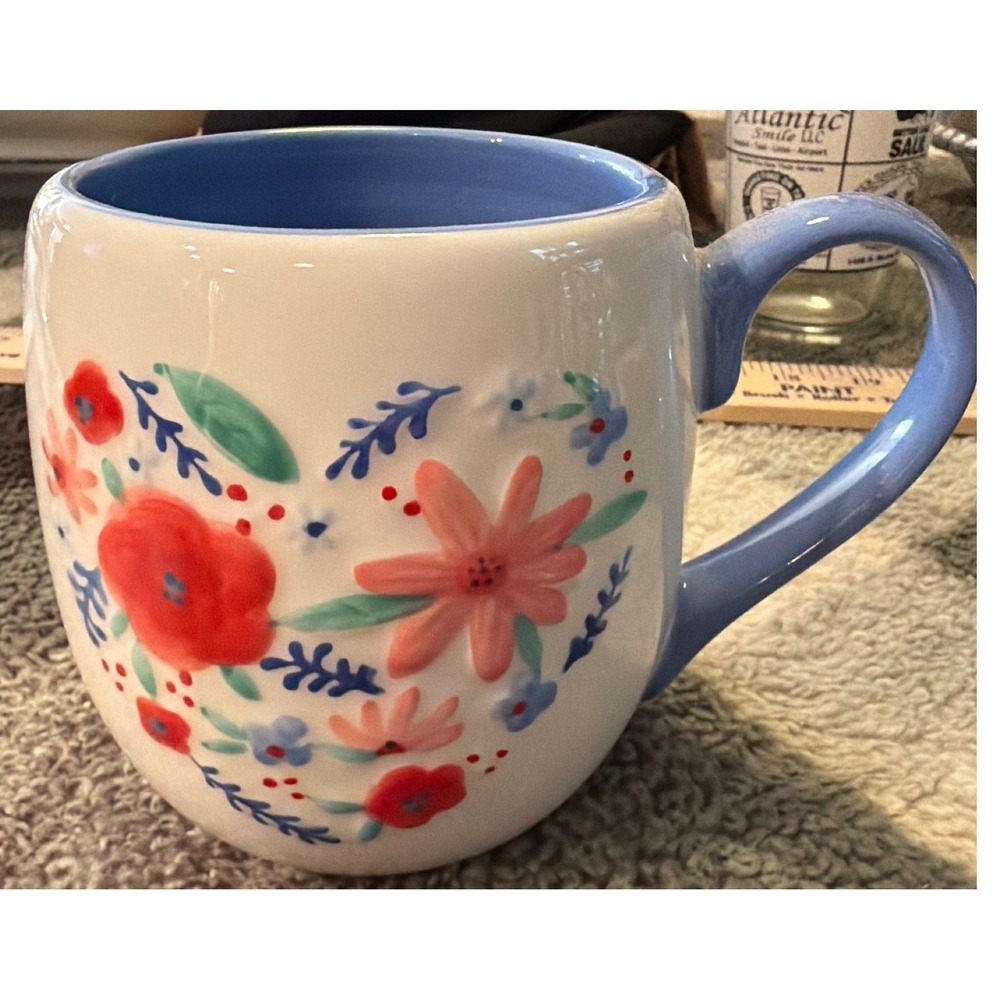 Lang by Design Group Embossed Floral Ceramic Coffee Mug White Blue Coral Flower